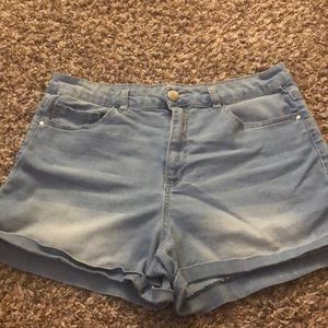 High waisted light denim shorts